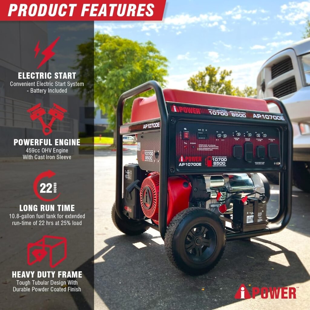 A-iPower 10700-Watt Electric Start Portable Generator Gas Powered, Heavy Duty Generator with 459cc OHV Engine for Home Use, Jobsite, Emergency, Power Outages (AP10700E) A-iPower 10700-Watt Electric Start Portable Generator Gas Powered, Heavy Duty Generator with 459cc OHV Engine for Home Use, Jobsite, Emergency, Power Outages (AP10700E)
