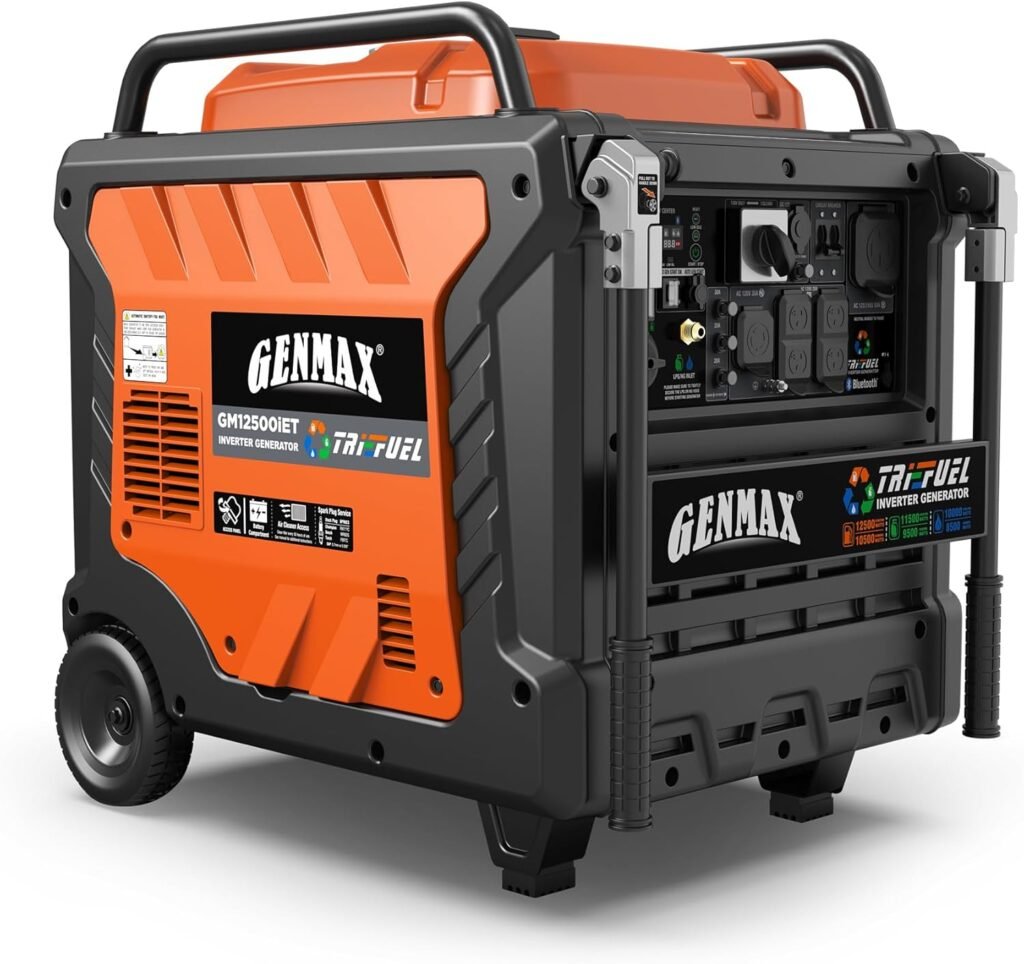 GENMAX Peak Watt Tri Fuel Open Frame Inverter Generator,with ATS,Quiet Technology,CO Sensor,digital display and 50A,Ideal for Home backup,contruction site and RV Camping (GM10500XiT)