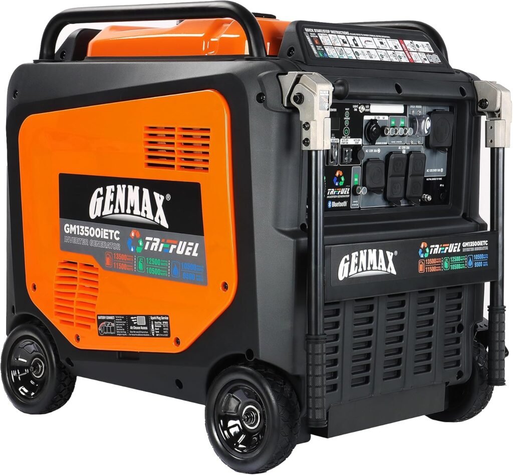 GENMAX Peak Watt Tri Fuel Open Frame Inverter Generator,with ATS,Quiet Technology,CO Sensor,digital display and 50A,Ideal for Home backup,contruction site and RV Camping (GM10500XiT)