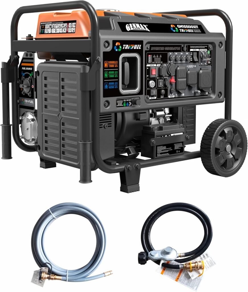 GENMAX Peak Watt Tri Fuel Open Frame Inverter Generator,with ATS,Quiet Technology,CO Sensor,digital display and 50A,Ideal for Home backup,contruction site and RV Camping (GM10500XiT)