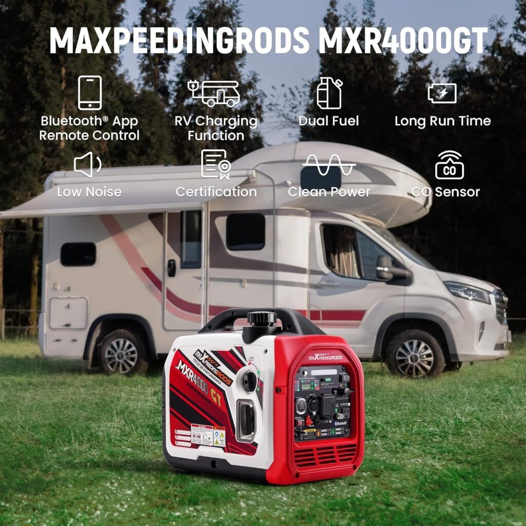 maXpeedingrods Watt Dual Fuel Inverter Generator with Bluetooth® Control Start and Display, RV Ready, Electric Start, Quiet for Outdoor Camping, Home Backup, Garden，PGMA Compliant